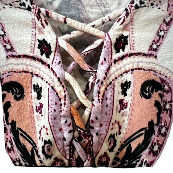 FREE PEOPLE Pick Place Bodysuit Ivory/burgundy, and multi coloring. - Picture 13 of 14